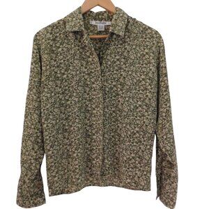 Ann Taylor Womens Silk button front top Olive Green Beige‎ Floral Size 2